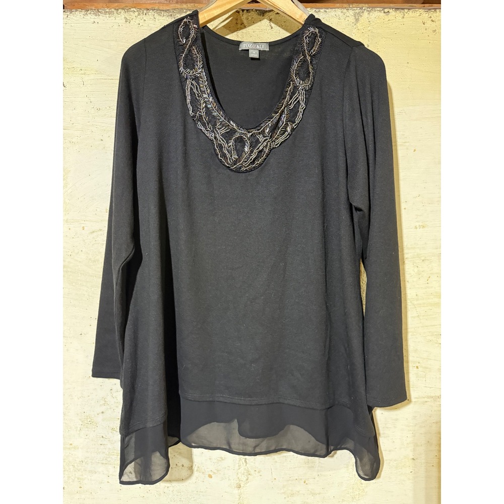 Roz & Ali Black Embellished Neckline Long Sleeve Tiered Top Women's Plus Size 1X